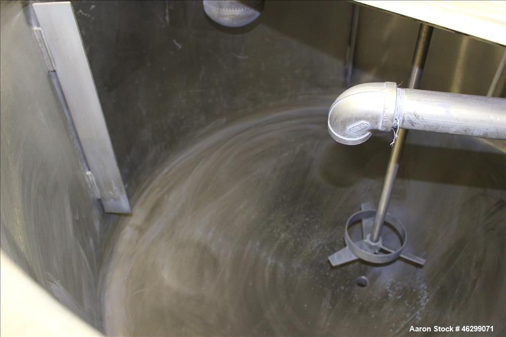 Used Tank, Approximately 350 Gallons, 304 Stainless Steel, Vertical. 60" Diameter x 28" straight side. Bolt-on flat top with 1/3 hinged cover, dished bottom. Top entering Lightnin agitator, model XJC...