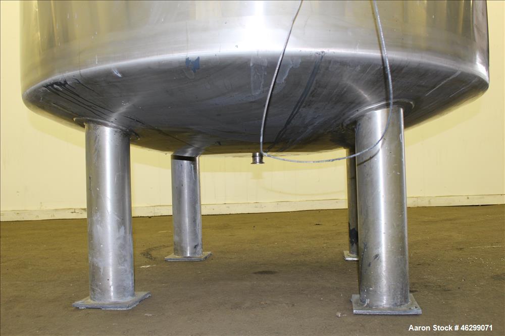 Used Tank, Approximately 350 Gallons, 304 Stainless Steel, Vertical. 60" Diameter x 28" straight side. Bolt-on flat top with 1/3 hinged cover, dished bottom. Top entering Lightnin agitator, model XJC...