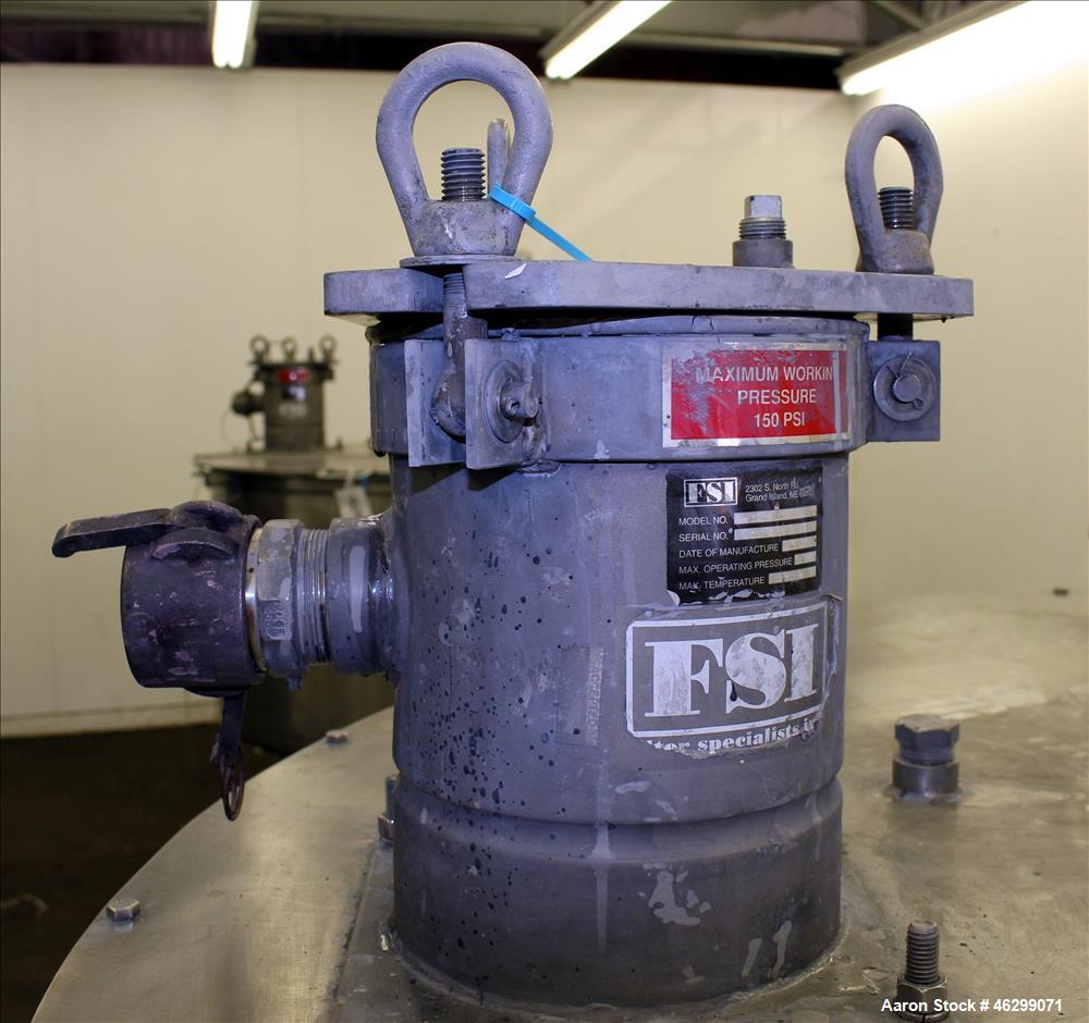 Used Tank, Approximately 350 Gallons, 304 Stainless Steel, Vertical. 60" Diameter x 28" straight side. Bolt-on flat top with 1/3 hinged cover, dished bottom. Top entering Lightnin agitator, model XJC...