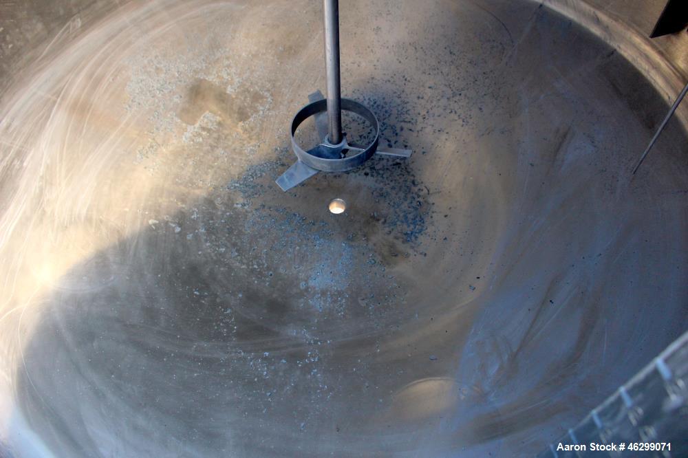 Used Tank, Approximately 350 Gallons, 304 Stainless Steel, Vertical. 60" Diameter x 28" straight side. Bolt-on flat top with 1/3 hinged cover, dished bottom. Top entering Lightnin agitator, model XJC...