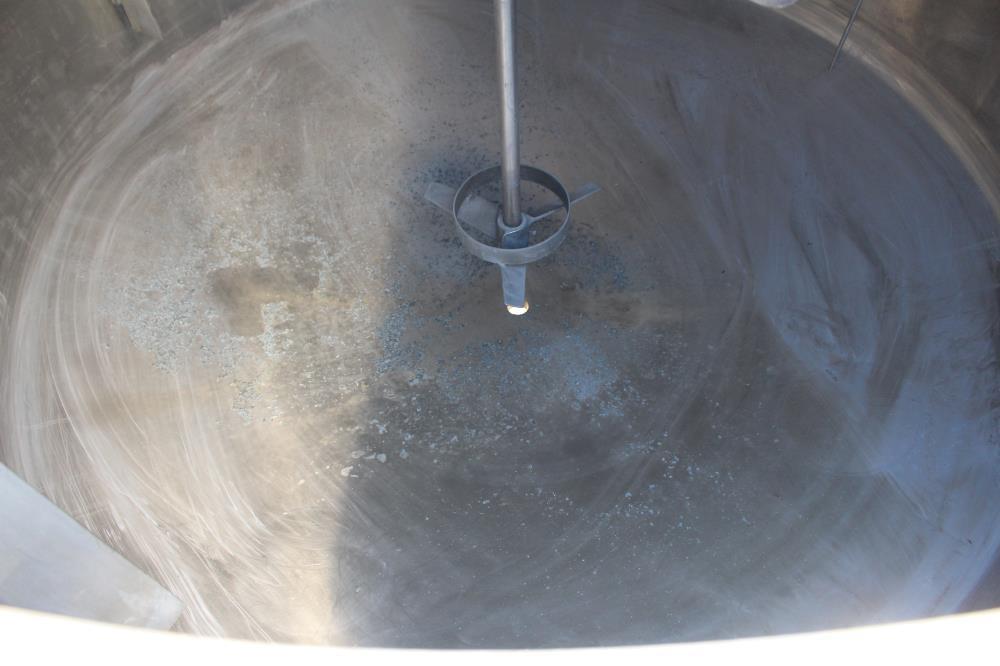 Used Tank, Approximately 350 Gallons, 304 Stainless Steel, Vertical. 60" Diameter x 28" straight side. Bolt-on flat top with 1/3 hinged cover, dished bottom. Top entering Lightnin agitator, model XJC...