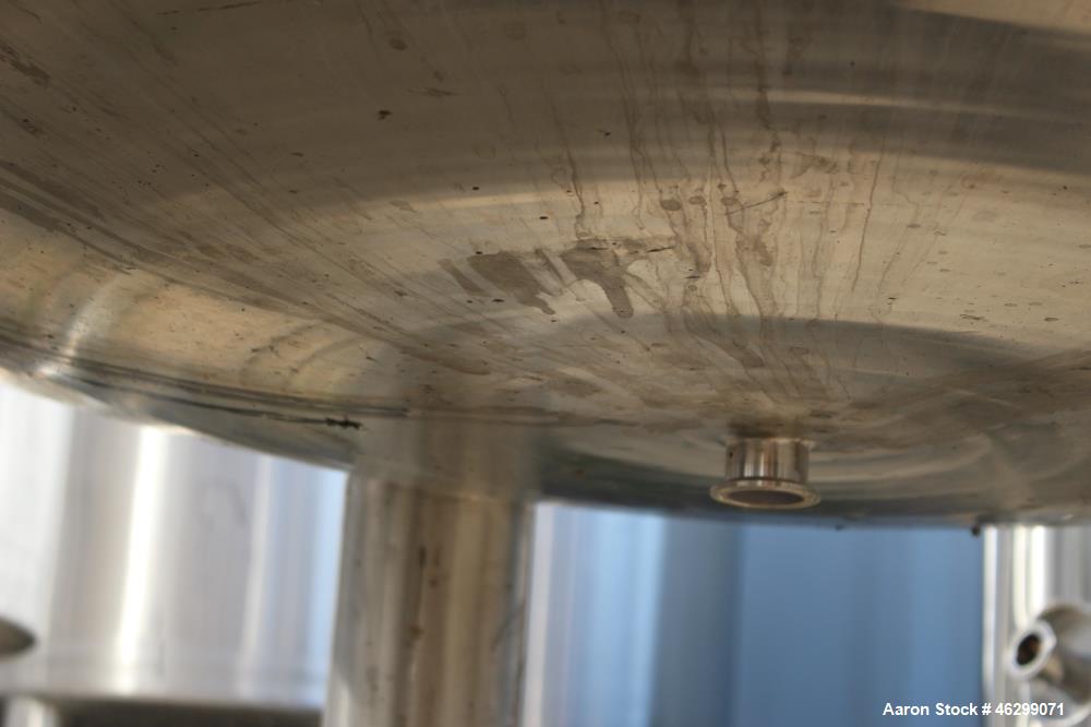 Used Tank, Approximately 350 Gallons, 304 Stainless Steel, Vertical. 60" Diameter x 28" straight side. Bolt-on flat top with 1/3 hinged cover, dished bottom. Top entering Lightnin agitator, model XJC...