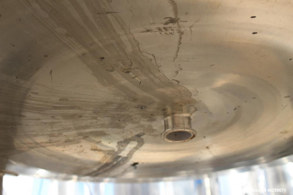 Used Tank, Approximately 350 Gallons, 304 Stainless Steel, Vertical. 60" Diameter x 28" straight side. Bolt-on flat top with 1/3 hinged cover, dished bottom. Top entering Lightnin agitator, model XJC...