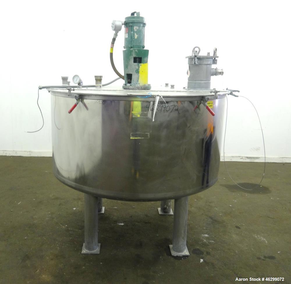 Used Tank, Approximately 350 Gallons, 304 Stainless Steel, Vertical. 60" Diameter x 28" straight side. Bolt-on flat top with 1/3 hinged cover, dished bottom. Top entering Lightnin agitator, model XJC...