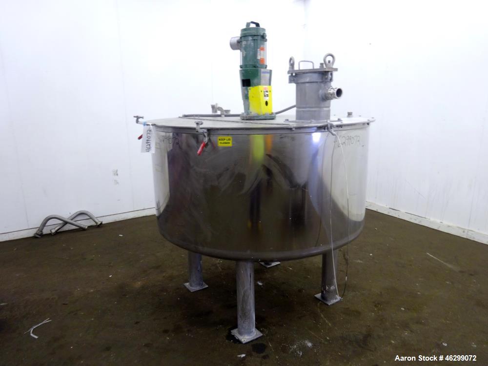 Used Tank, Approximately 350 Gallons, 304 Stainless Steel, Vertical. 60" Diameter x 28" straight side. Bolt-on flat top with 1/3 hinged cover, dished bottom. Top entering Lightnin agitator, model XJC...