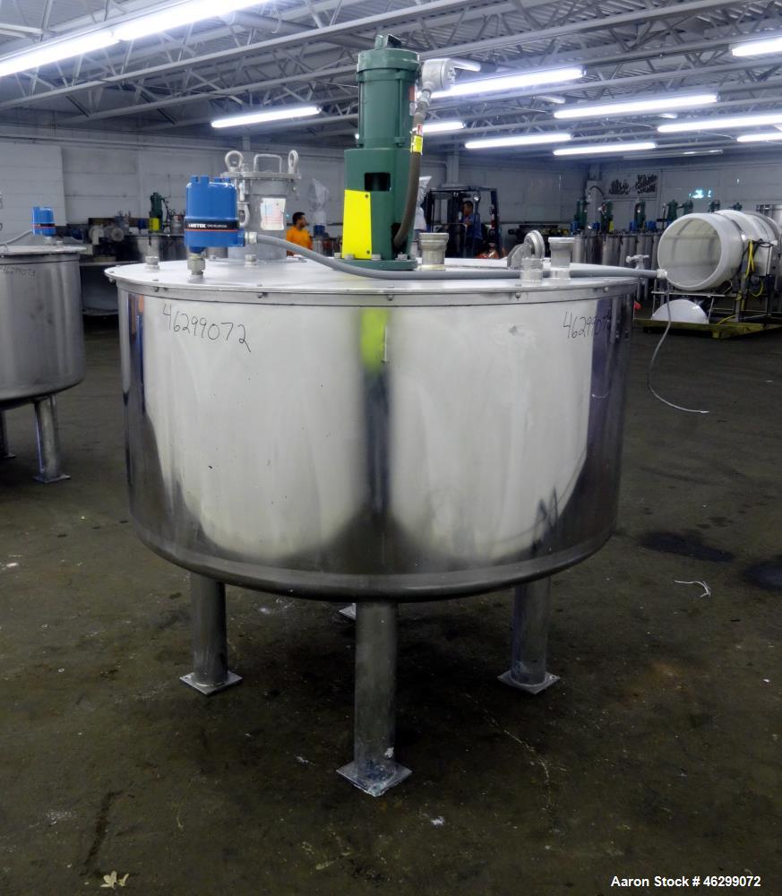 Used Tank, Approximately 350 Gallons, 304 Stainless Steel, Vertical. 60" Diameter x 28" straight side. Bolt-on flat top with 1/3 hinged cover, dished bottom. Top entering Lightnin agitator, model XJC...