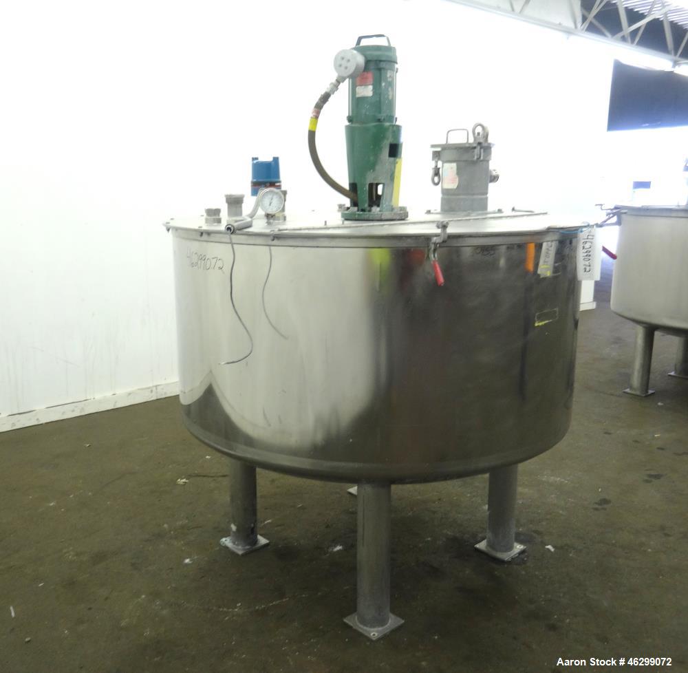 Used Tank, Approximately 350 Gallons, 304 Stainless Steel, Vertical. 60" Diameter x 28" straight side. Bolt-on flat top with 1/3 hinged cover, dished bottom. Top entering Lightnin agitator, model XJC...
