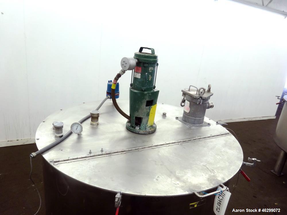 Used Tank, Approximately 350 Gallons, 304 Stainless Steel, Vertical. 60" Diameter x 28" straight side. Bolt-on flat top with 1/3 hinged cover, dished bottom. Top entering Lightnin agitator, model XJC...