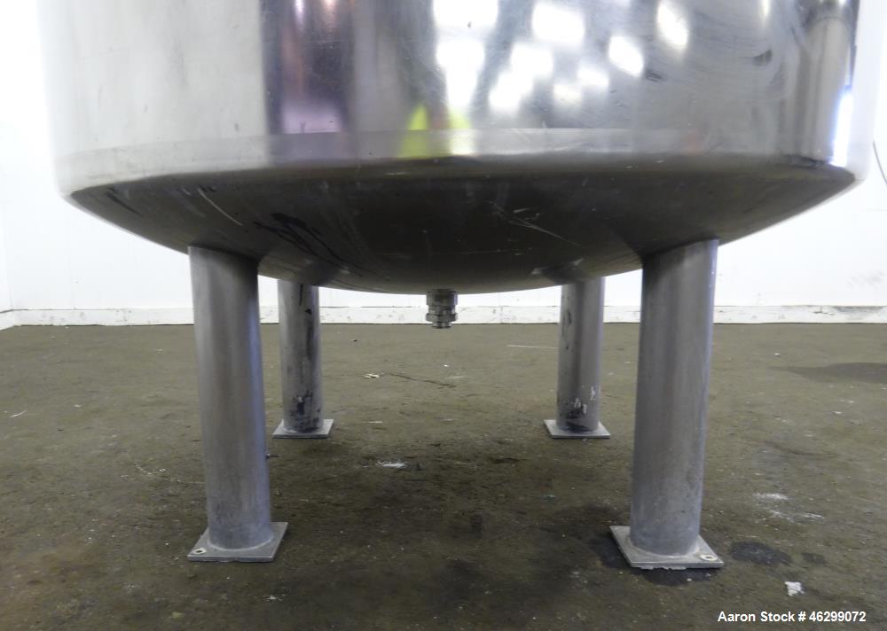 Used Tank, Approximately 350 Gallons, 304 Stainless Steel, Vertical. 60" Diameter x 28" straight side. Bolt-on flat top with 1/3 hinged cover, dished bottom. Top entering Lightnin agitator, model XJC...