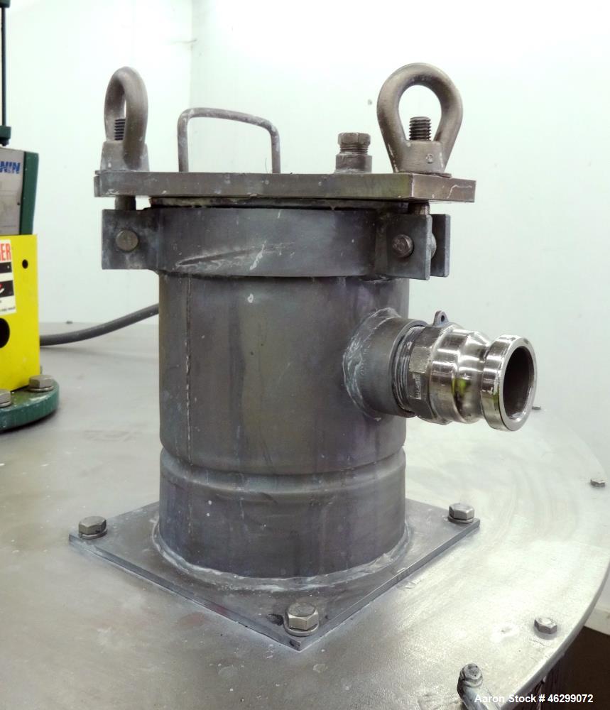 Used Tank, Approximately 350 Gallons, 304 Stainless Steel, Vertical. 60" Diameter x 28" straight side. Bolt-on flat top with 1/3 hinged cover, dished bottom. Top entering Lightnin agitator, model XJC...