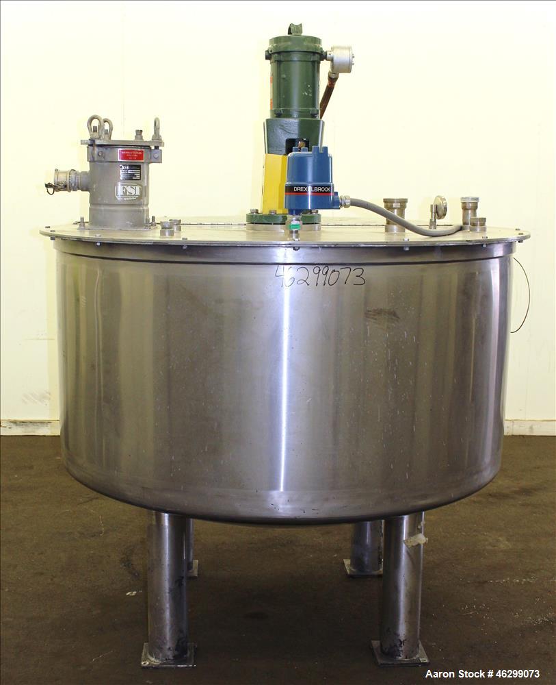 Used Tank, Approximate 350 Gallon, 304 Stainless Steel, Vertical. 60" Diameter x 28" straight side. Bolt on flat top with 1/3 hinged cover, dished bottom. Top entering Lightnin agitator, model XJC-30...