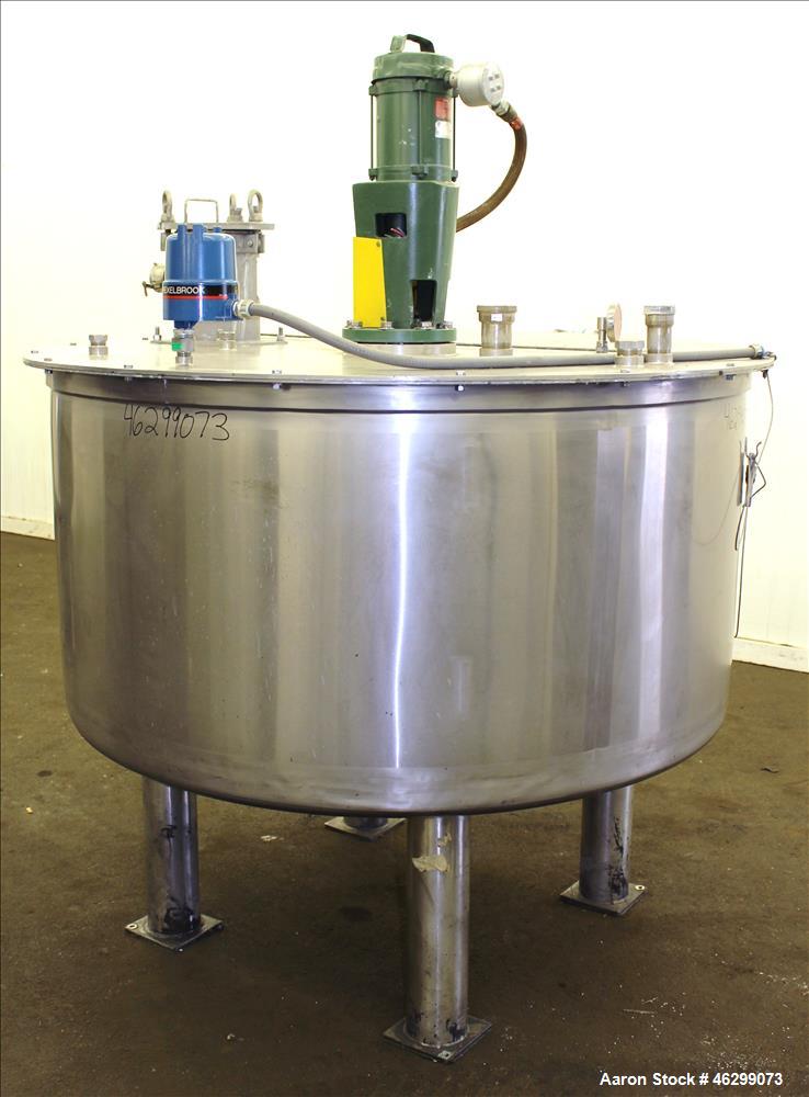 Used Tank, Approximate 350 Gallon, 304 Stainless Steel, Vertical. 60" Diameter x 28" straight side. Bolt on flat top with 1/3 hinged cover, dished bottom. Top entering Lightnin agitator, model XJC-30...