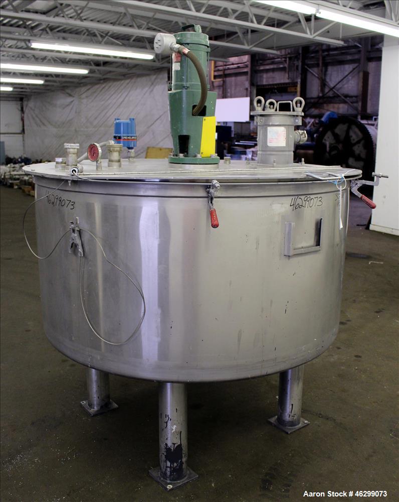 Used Tank, Approximate 350 Gallon, 304 Stainless Steel, Vertical. 60" Diameter x 28" straight side. Bolt on flat top with 1/3 hinged cover, dished bottom. Top entering Lightnin agitator, model XJC-30...