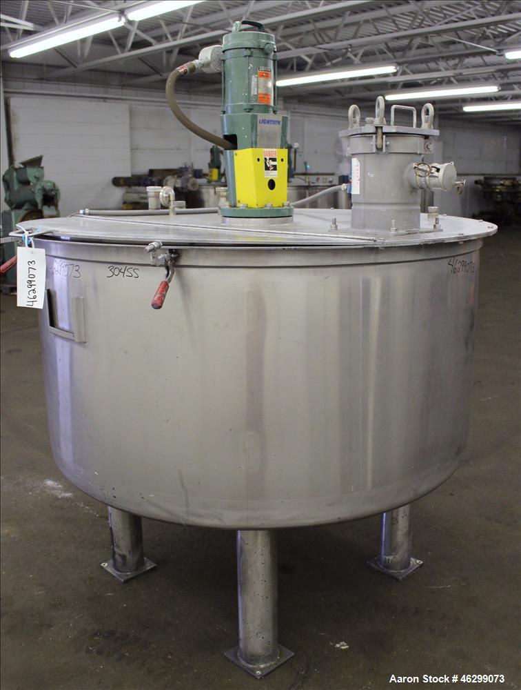 Used Tank, Approximate 350 Gallon, 304 Stainless Steel, Vertical. 60" Diameter x 28" straight side. Bolt on flat top with 1/3 hinged cover, dished bottom. Top entering Lightnin agitator, model XJC-30...