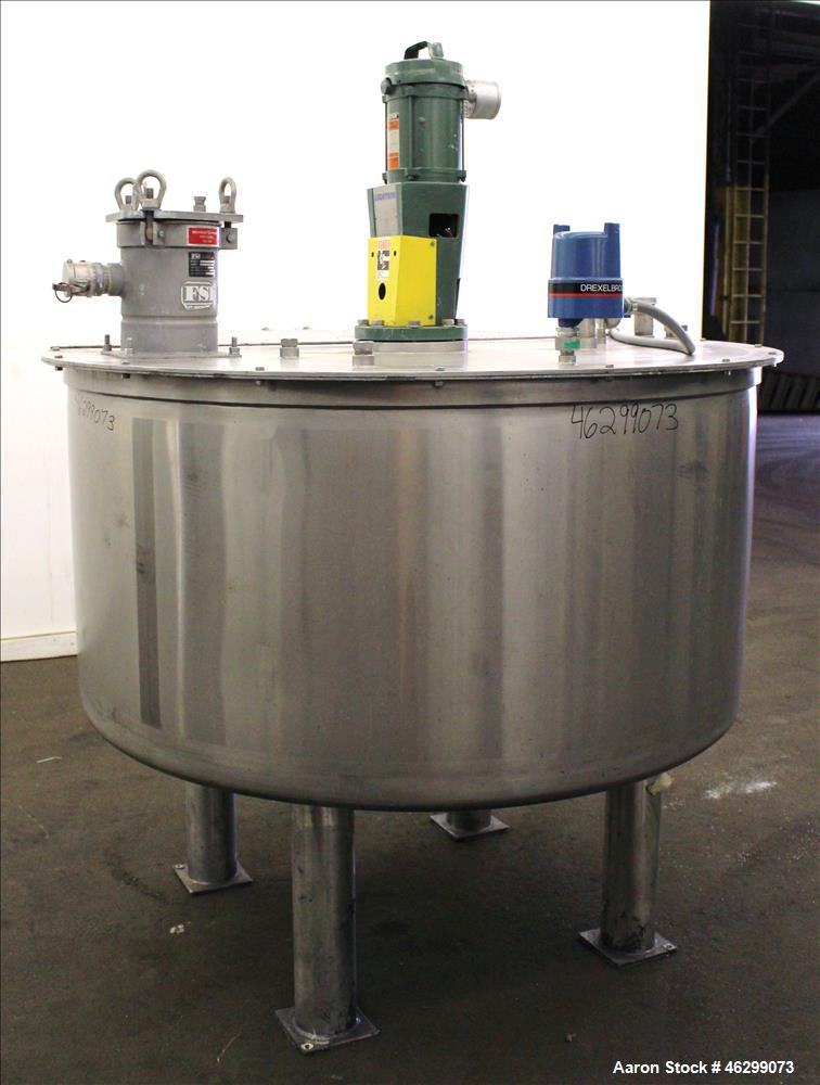 Used Tank, Approximate 350 Gallon, 304 Stainless Steel, Vertical. 60" Diameter x 28" straight side. Bolt on flat top with 1/3 hinged cover, dished bottom. Top entering Lightnin agitator, model XJC-30...