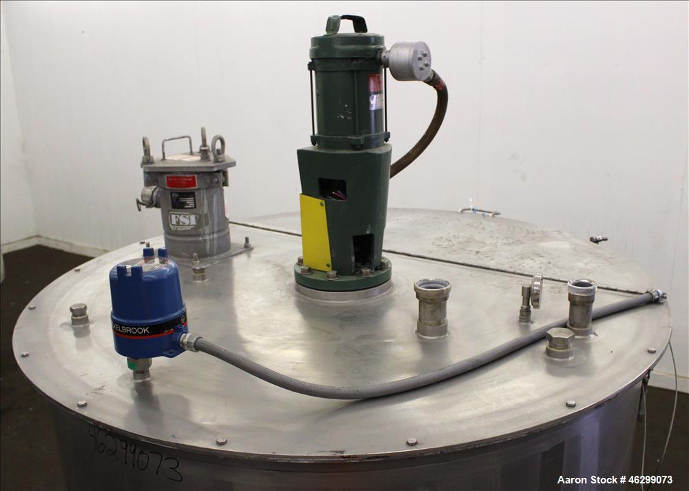 Used Tank, Approximate 350 Gallon, 304 Stainless Steel, Vertical. 60" Diameter x 28" straight side. Bolt on flat top with 1/3 hinged cover, dished bottom. Top entering Lightnin agitator, model XJC-30...
