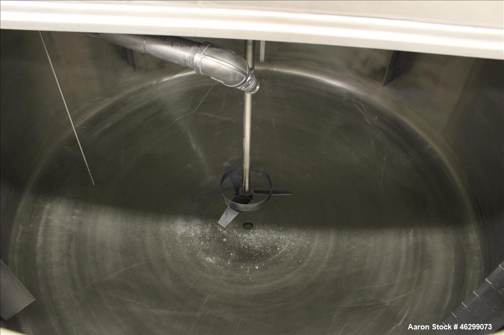 Used Tank, Approximate 350 Gallon, 304 Stainless Steel, Vertical. 60" Diameter x 28" straight side. Bolt on flat top with 1/3 hinged cover, dished bottom. Top entering Lightnin agitator, model XJC-30...