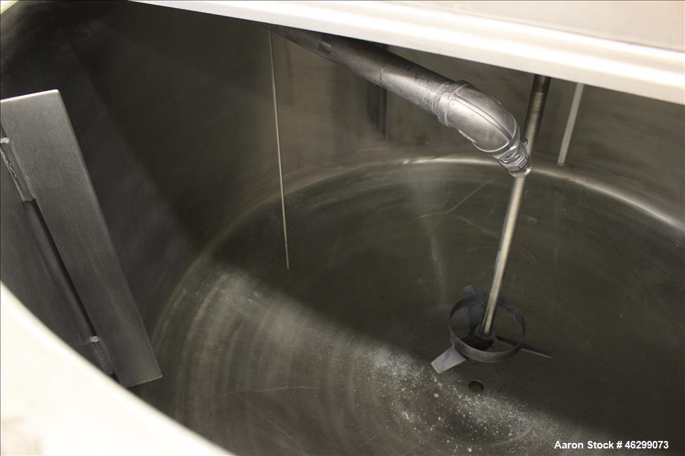 Used Tank, Approximate 350 Gallon, 304 Stainless Steel, Vertical. 60" Diameter x 28" straight side. Bolt on flat top with 1/3 hinged cover, dished bottom. Top entering Lightnin agitator, model XJC-30...