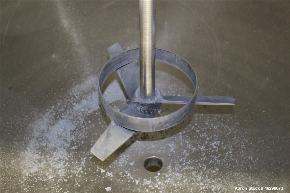Used Tank, Approximate 350 Gallon, 304 Stainless Steel, Vertical. 60" Diameter x 28" straight side. Bolt on flat top with 1/3 hinged cover, dished bottom. Top entering Lightnin agitator, model XJC-30...