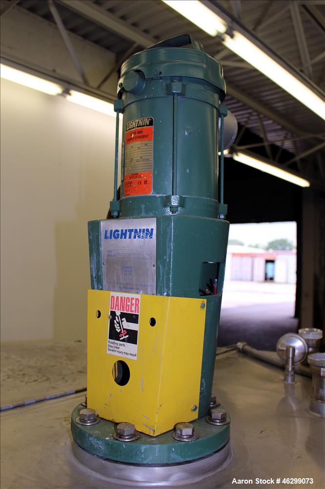 Used Tank, Approximate 350 Gallon, 304 Stainless Steel, Vertical. 60" Diameter x 28" straight side. Bolt on flat top with 1/3 hinged cover, dished bottom. Top entering Lightnin agitator, model XJC-30...