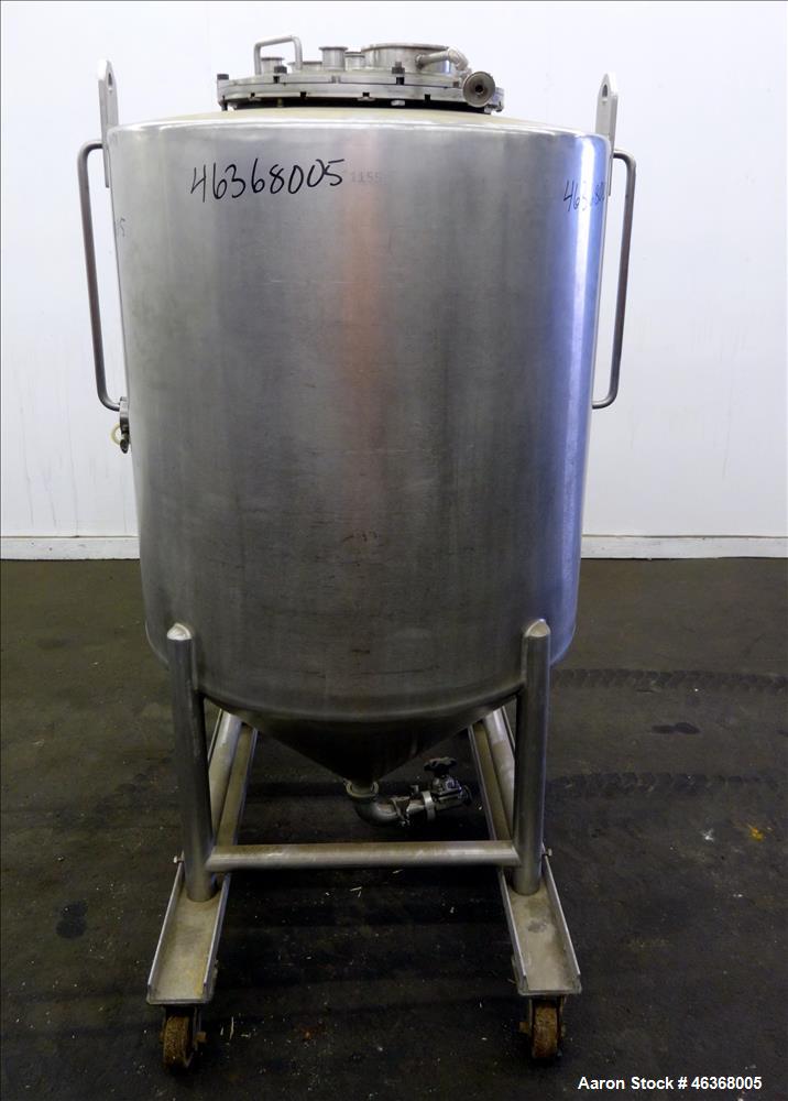 Used Tank, Approximate 200 Gallon, 304 Stainless Steel, Vertical. Approximate 35" diameter x 37" straight side. Slight dished top and 24" long coned bottom. Openings top: 18" diameter bolt on cover w...