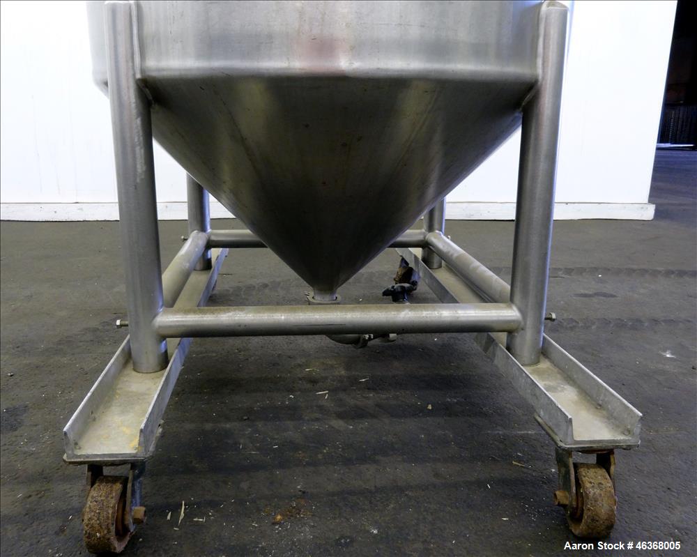 Used Tank, Approximate 200 Gallon, 304 Stainless Steel, Vertical. Approximate 35" diameter x 37" straight side. Slight dished top and 24" long coned bottom. Openings top: 18" diameter bolt on cover w...