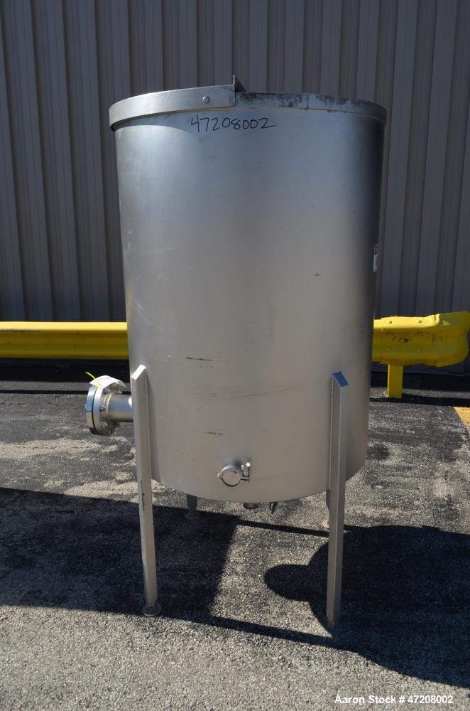 Used Tank, Approximately 200 Gallon, 304 Stainless Steel, Vertical. 36" Diameter x 48" straight side. Open top with (2) 1/2 covers, slight coned bottom. Openings side (2) 2" tri-clamp, 4". 2" Tri-cla...