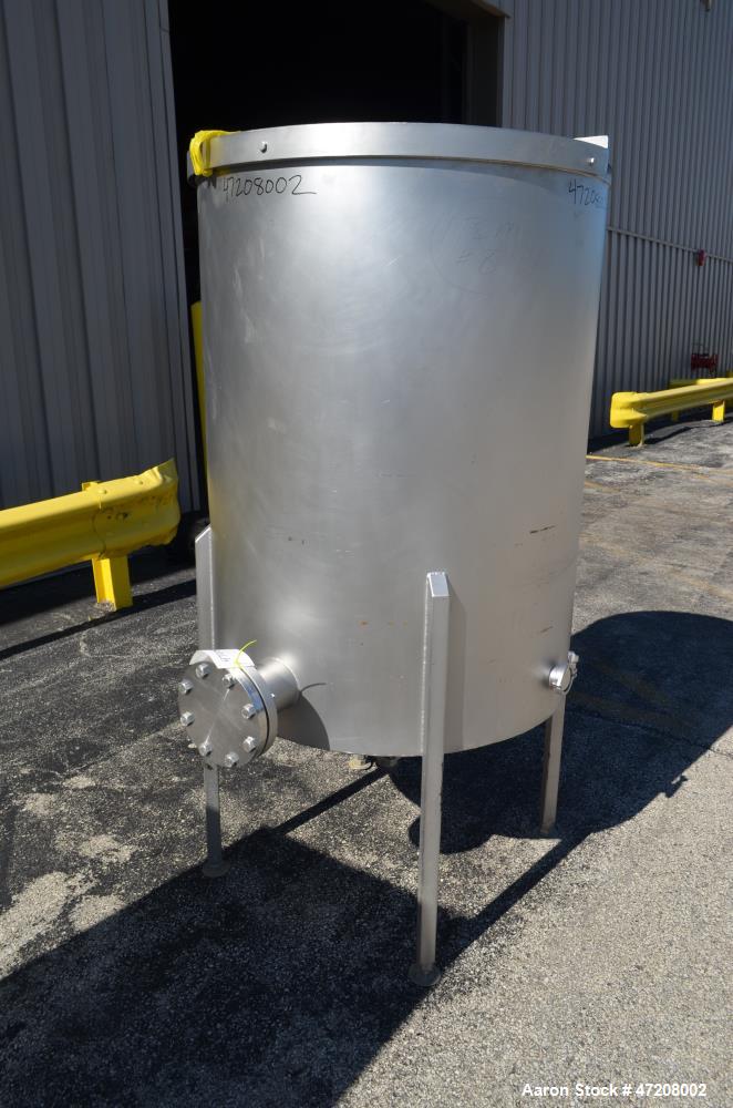 Used Tank, Approximately 200 Gallon, 304 Stainless Steel, Vertical. 36" Diameter x 48" straight side. Open top with (2) 1/2 covers, slight coned bottom. Openings side (2) 2" tri-clamp, 4". 2" Tri-cla...