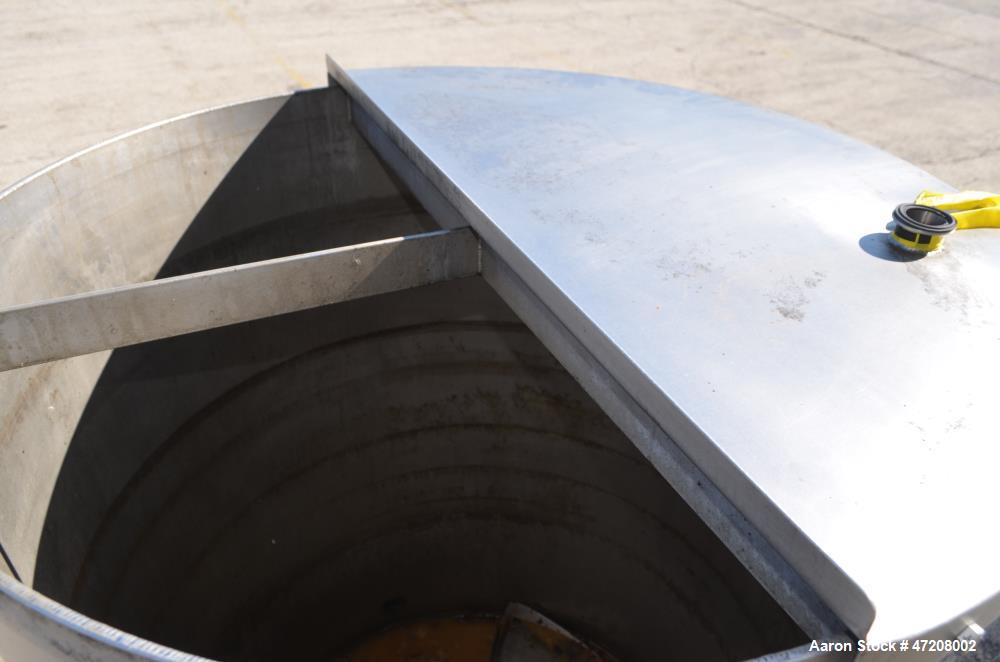 Used Tank, Approximately 200 Gallon, 304 Stainless Steel, Vertical. 36" Diameter x 48" straight side. Open top with (2) 1/2 covers, slight coned bottom. Openings side (2) 2" tri-clamp, 4". 2" Tri-cla...