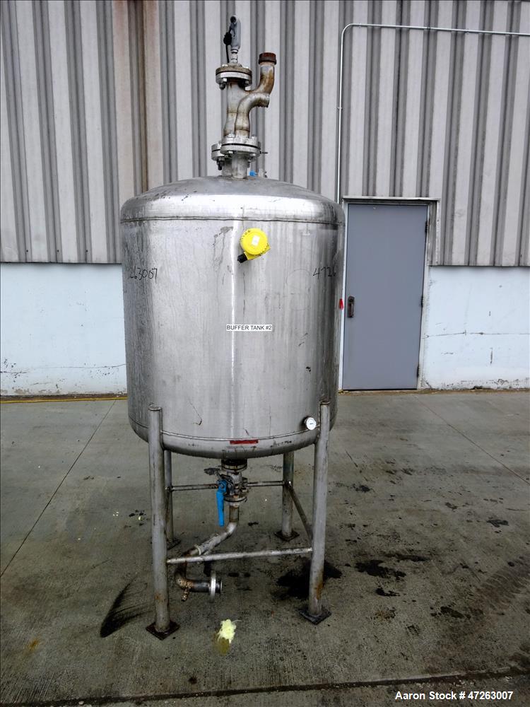 Used Tank, Approximate 150 Gallon, 304 Stainless Steel, Vertical. Approximate 38" diameter x 32" straight side, dished top and bottom. Top openings: 3", 2", 1". 1.5" Center bottom outlet. Mounted on ...