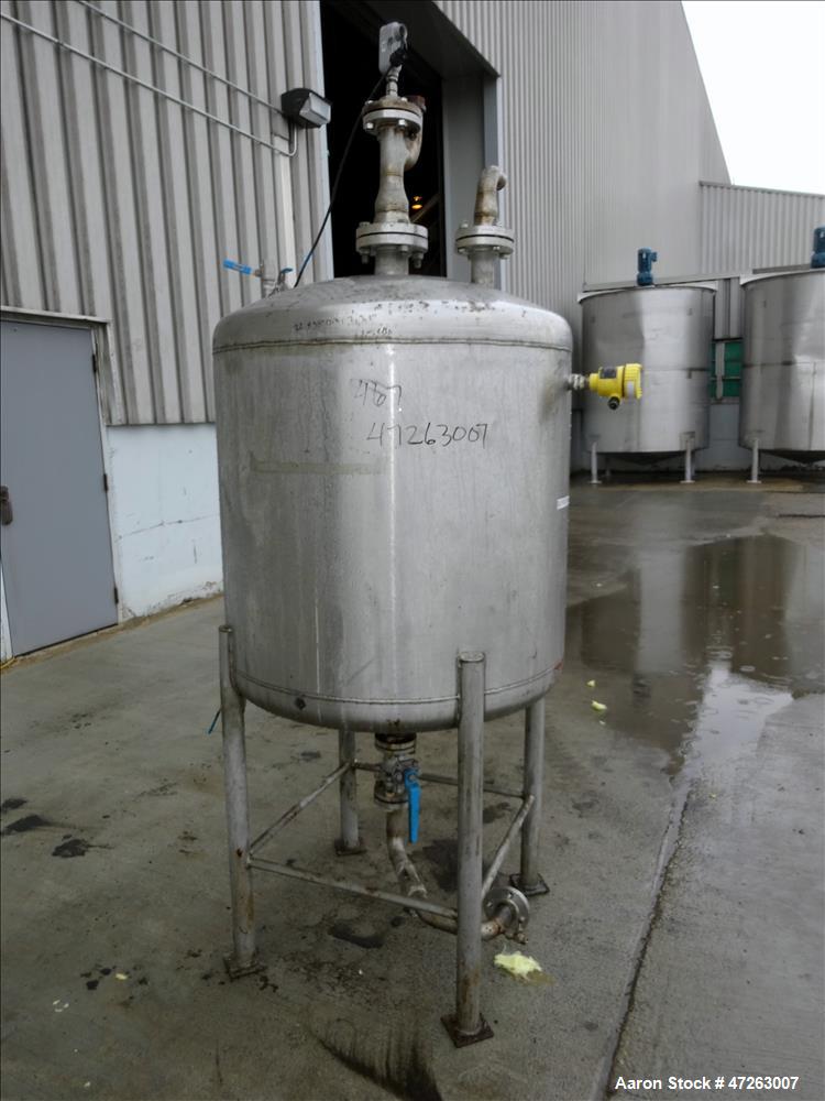 Used Tank, Approximate 150 Gallon, 304 Stainless Steel, Vertical. Approximate 38" diameter x 32" straight side, dished top and bottom. Top openings: 3", 2", 1". 1.5" Center bottom outlet. Mounted on ...