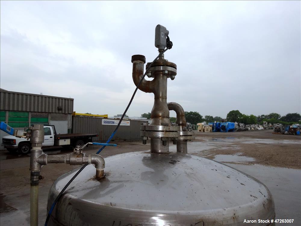 Used Tank, Approximate 150 Gallon, 304 Stainless Steel, Vertical. Approximate 38" diameter x 32" straight side, dished top and bottom. Top openings: 3", 2", 1". 1.5" Center bottom outlet. Mounted on ...