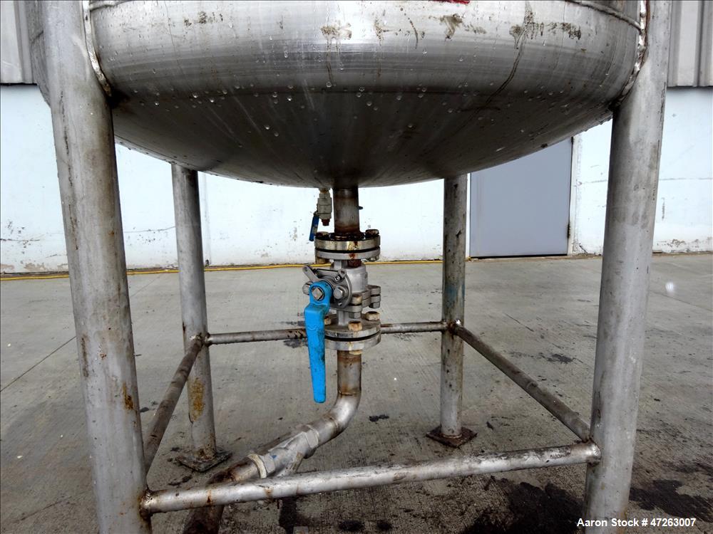Used Tank, Approximate 150 Gallon, 304 Stainless Steel, Vertical. Approximate 38" diameter x 32" straight side, dished top and bottom. Top openings: 3", 2", 1". 1.5" Center bottom outlet. Mounted on ...