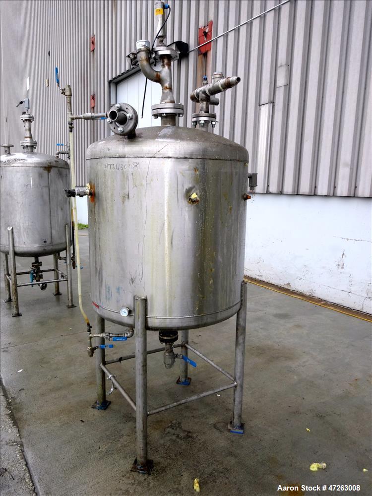 Used Tank, Approximate 150 Gallon, 304 Stainless Steel, Vertical. Approximate 38" diameter x 32" straight side, dished top and bottom. Top openings: 3", 2", 1". 1.5" Center bottom outlet. Mounted on ...