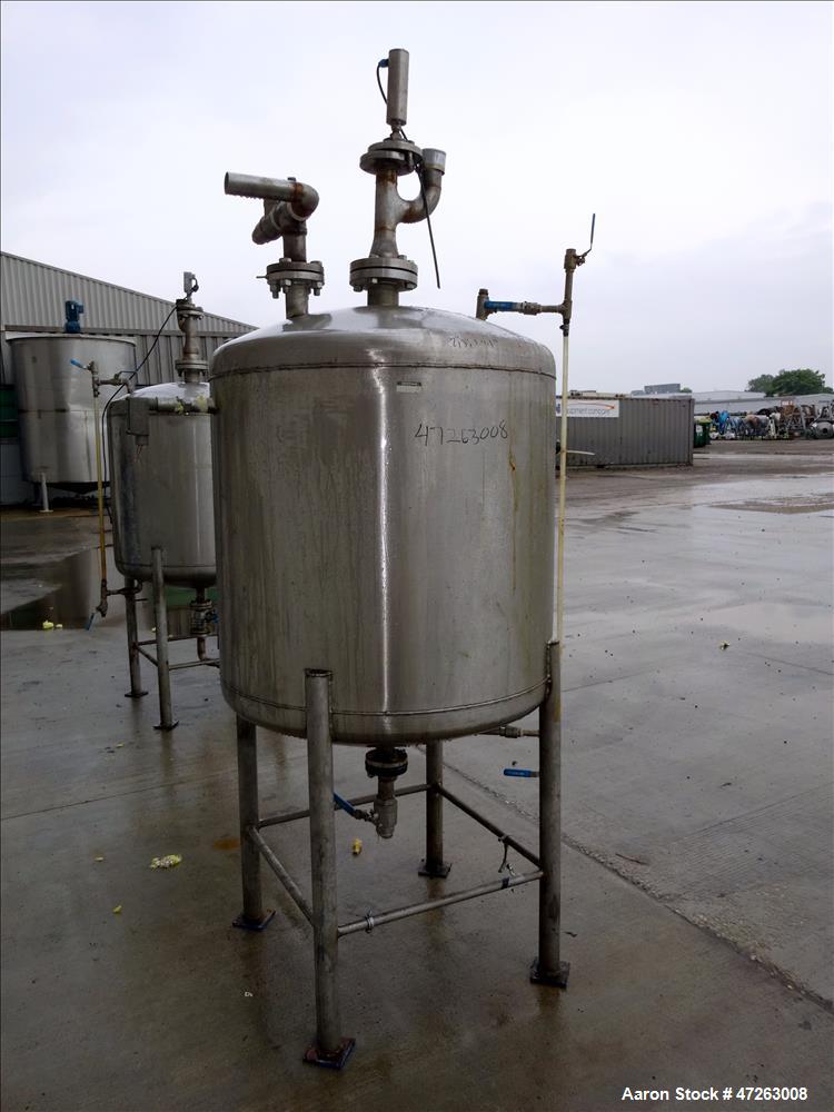 Used Tank, Approximate 150 Gallon, 304 Stainless Steel, Vertical. Approximate 38" diameter x 32" straight side, dished top and bottom. Top openings: 3", 2", 1". 1.5" Center bottom outlet. Mounted on ...