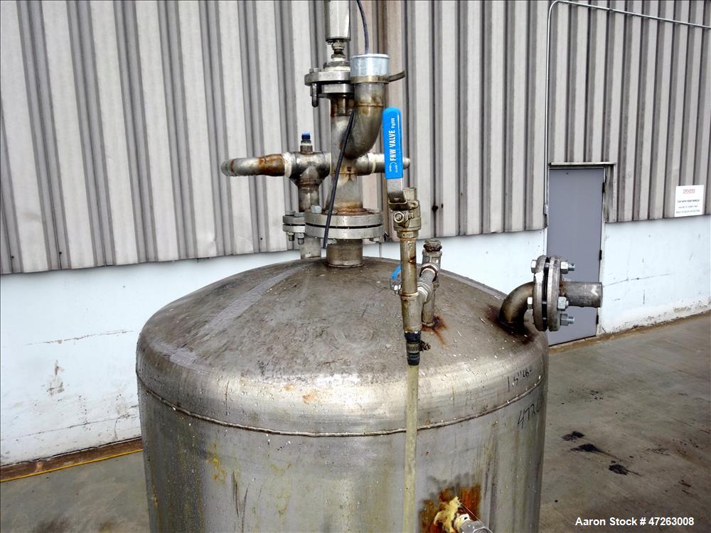 Used Tank, Approximate 150 Gallon, 304 Stainless Steel, Vertical. Approximate 38" diameter x 32" straight side, dished top and bottom. Top openings: 3", 2", 1". 1.5" Center bottom outlet. Mounted on ...