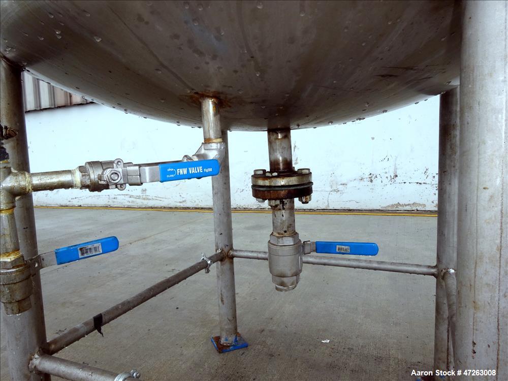 Used Tank, Approximate 150 Gallon, 304 Stainless Steel, Vertical. Approximate 38" diameter x 32" straight side, dished top and bottom. Top openings: 3", 2", 1". 1.5" Center bottom outlet. Mounted on ...