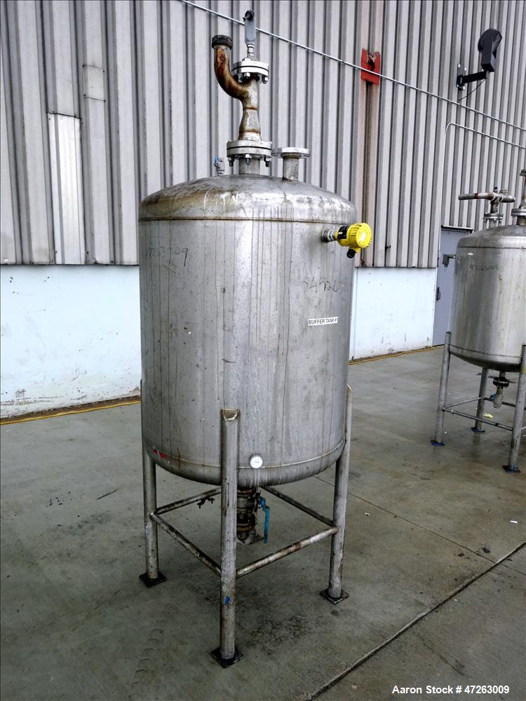 Used Tank, Approximate 120 Gallon, 304 Stainless Steel, Vertical. Approximate 30" diameter x 36" straight side, dished top and bottom. Top openings: 3", 2", 1". 1.5" Center bottom outlet. Mounted on ...