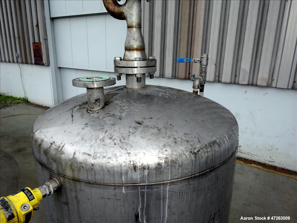 Used Tank, Approximate 120 Gallon, 304 Stainless Steel, Vertical. Approximate 30" diameter x 36" straight side, dished top and bottom. Top openings: 3", 2", 1". 1.5" Center bottom outlet. Mounted on ...