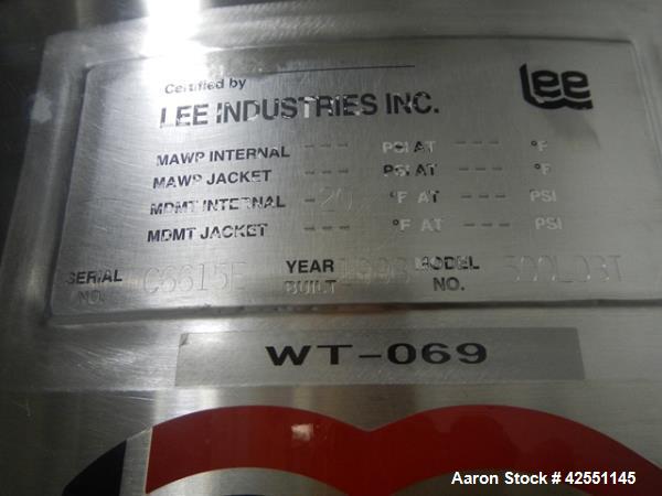 Used Lee tank, 130 gallon, model 500LDBT, stainless steel construction, approximately 36" diameter x 36" straight side, open top, dish bottom, 2" center bottom outlet, side sight glass, serial# C6615...