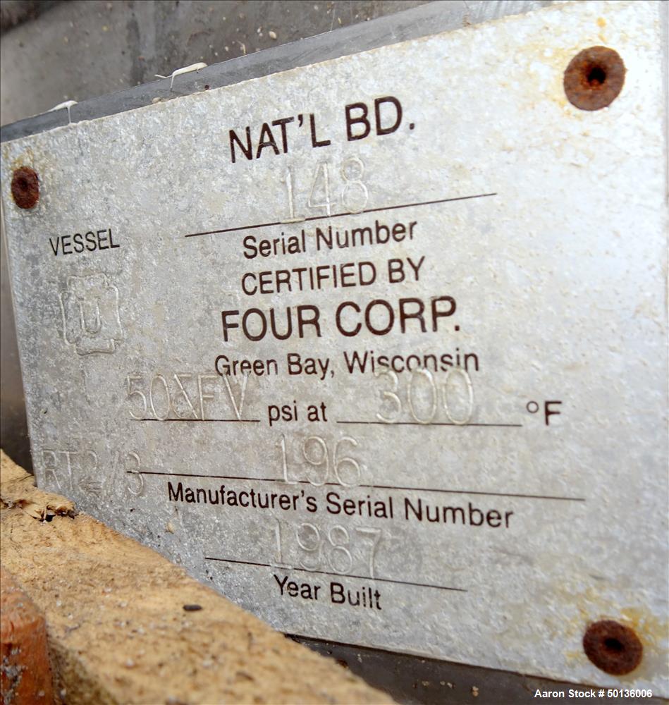 Used Four Corp. Pressure Tank, Approximate 250 Gallon, 316L Stainless Steel, Ve