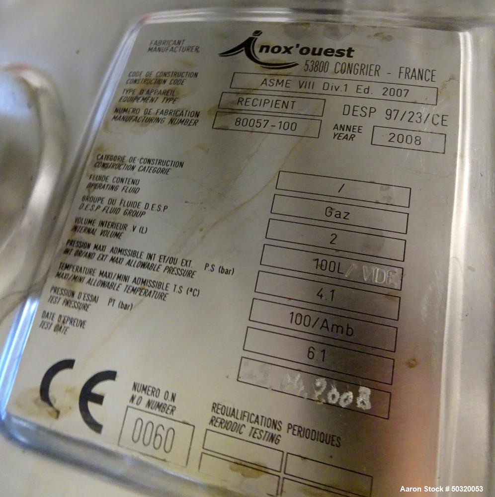 Used Inox’ouest Pressure Mix Tank, 100 Liter, 316 Stainless Steel, Vertical.