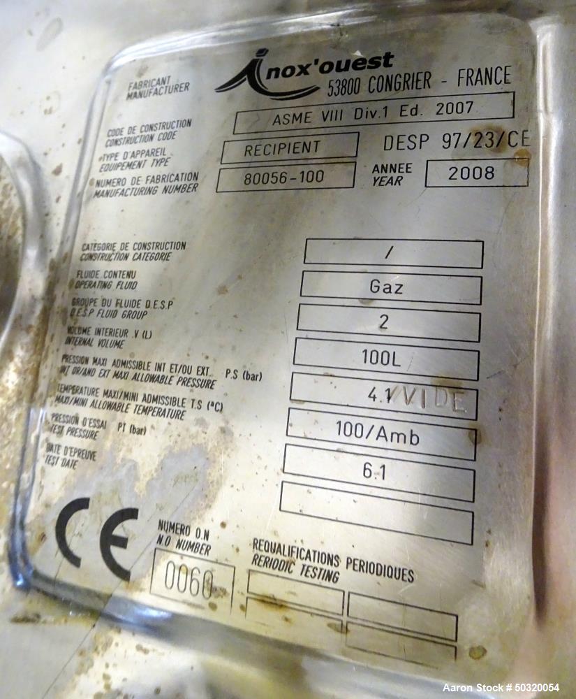Used Inox’ouest Pressure Mix Tank, 100 Liter, 316 Stainless Steel, Vertical.