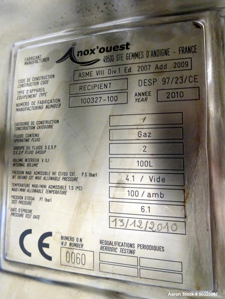 Used- Inox’ouest Pressure Mix Tank, 100 Liter, 316 Stainless Steel, Vertical.