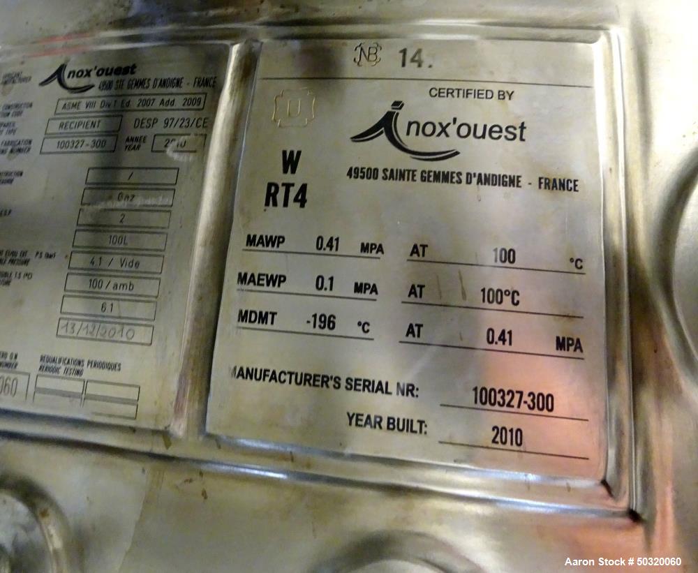 Used- Inox’ouest Pressure Mix Tank, 100 Liter, 316 Stainless Steel, Vertical.