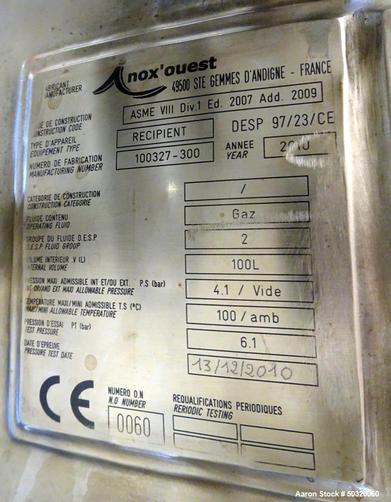 Used- Inox’ouest Pressure Mix Tank, 100 Liter, 316 Stainless Steel, Vertical.