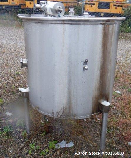 Used Tank, Approximately 175 Gallon, Stainless Steel, Vertical. Approximate 34" diameter x 36" straight side.  Flat top with hinged 1/3 cover, flat bottom. Includes CIP spray ball. Bottom outlet. Mou...