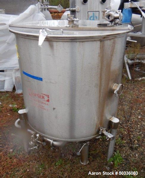 Used Tank, Approximately 175 Gallon, Stainless Steel, Vertical. Approximate 34" diameter x 36" straight side.  Flat top with hinged 1/3 cover, flat bottom. Includes CIP spray ball. Bottom outlet. Mou...