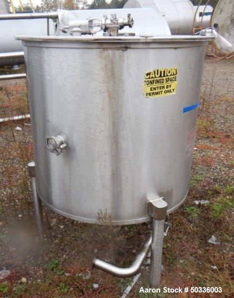 Used Tank, Approximately 175 Gallon, Stainless Steel, Vertical. Approximate 34" diameter x 36" straight side.  Flat top with hinged 1/3 cover, flat bottom. Includes CIP spray ball. Bottom outlet. Mou...