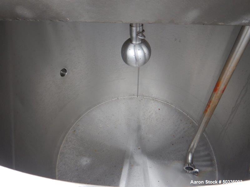 Used Tank, Approximately 175 Gallon, Stainless Steel, Vertical. Approximate 34" diameter x 36" straight side.  Flat top with hinged 1/3 cover, flat bottom. Includes CIP spray ball. Bottom outlet. Mou...